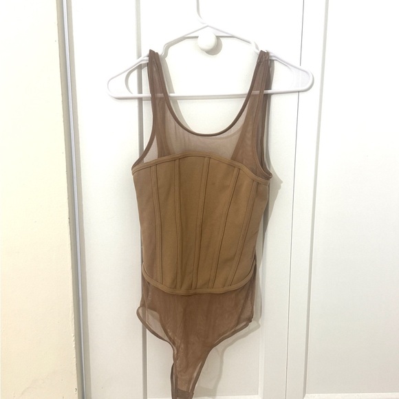 Timing Tops - Timing Tan One Piece Bodysuit Top with Corset Detailing